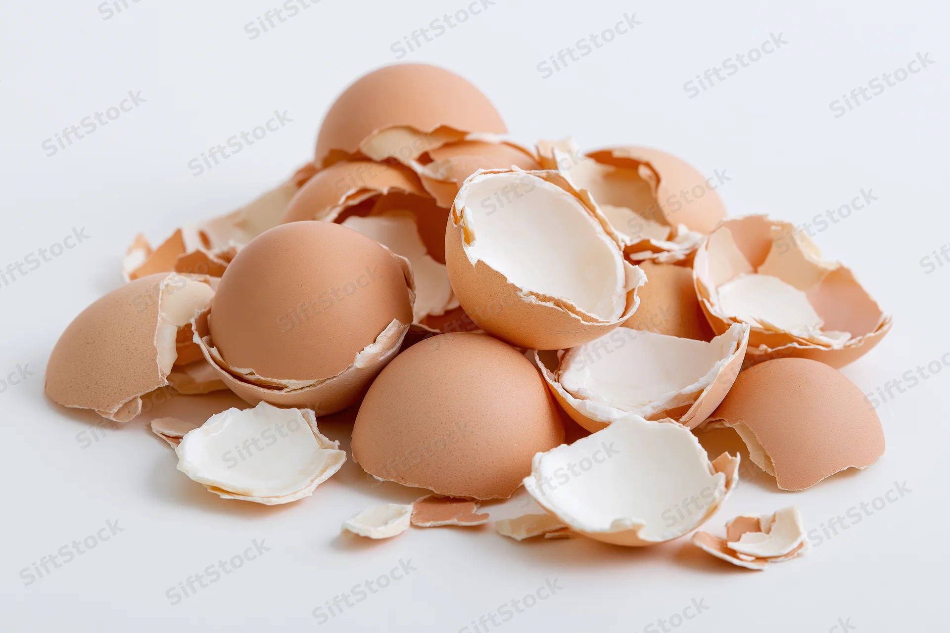 Scattered broken eggshells piled loosely on a white surface