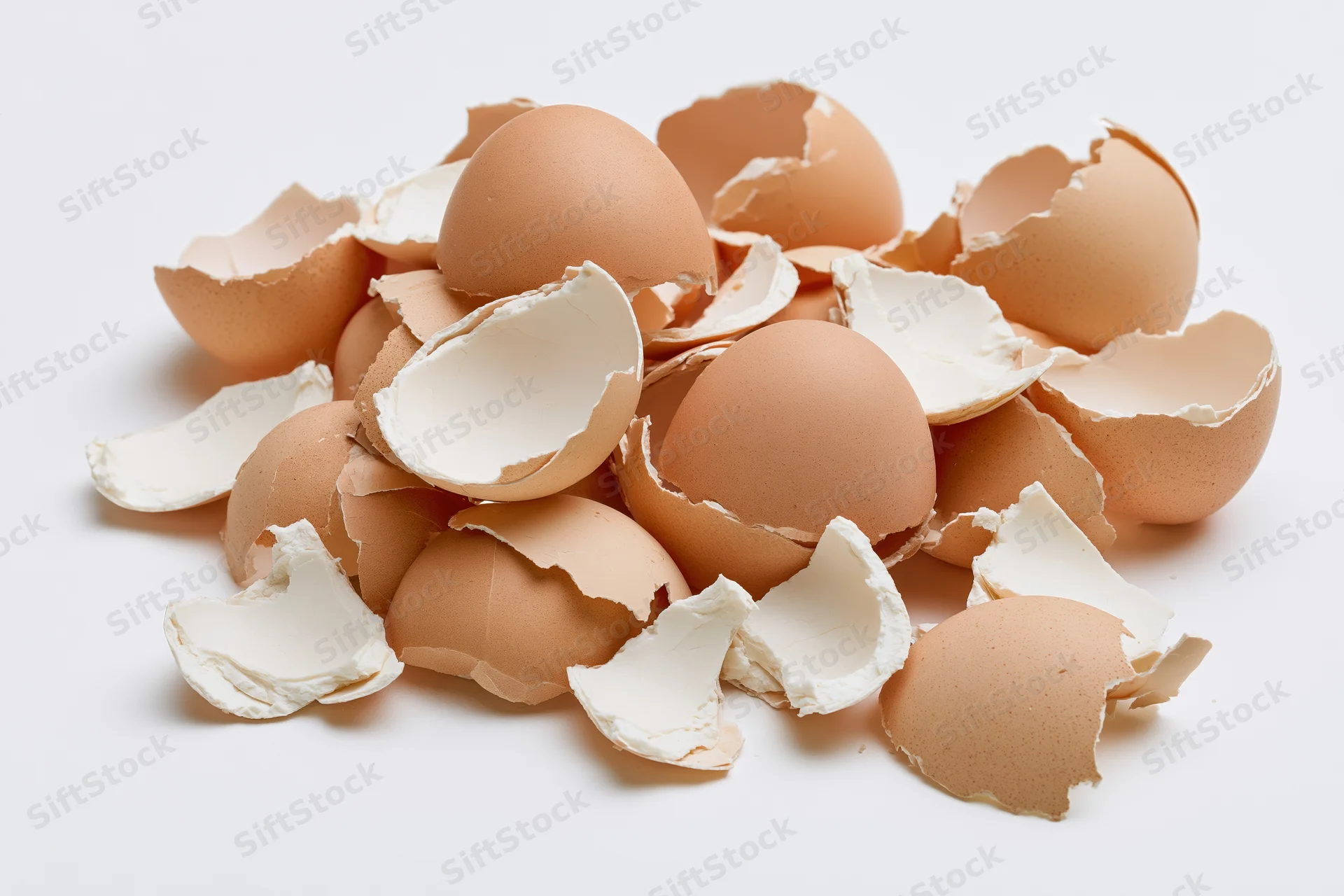 Scattered broken eggshells piled loosely on a white surface