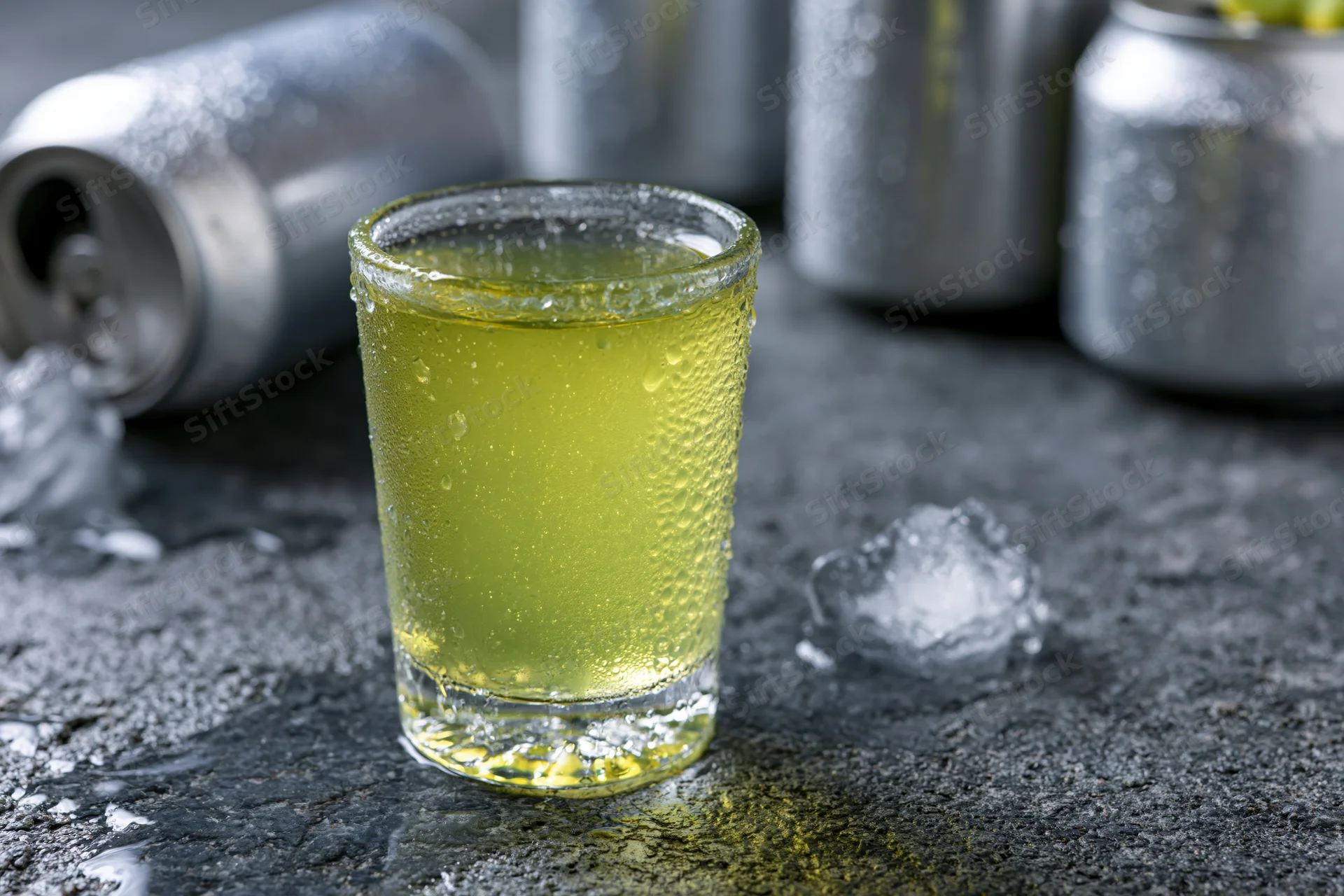 Shot glass filled with cold yellow-green energy drink on dark surface with aluminum cans and ice nearby