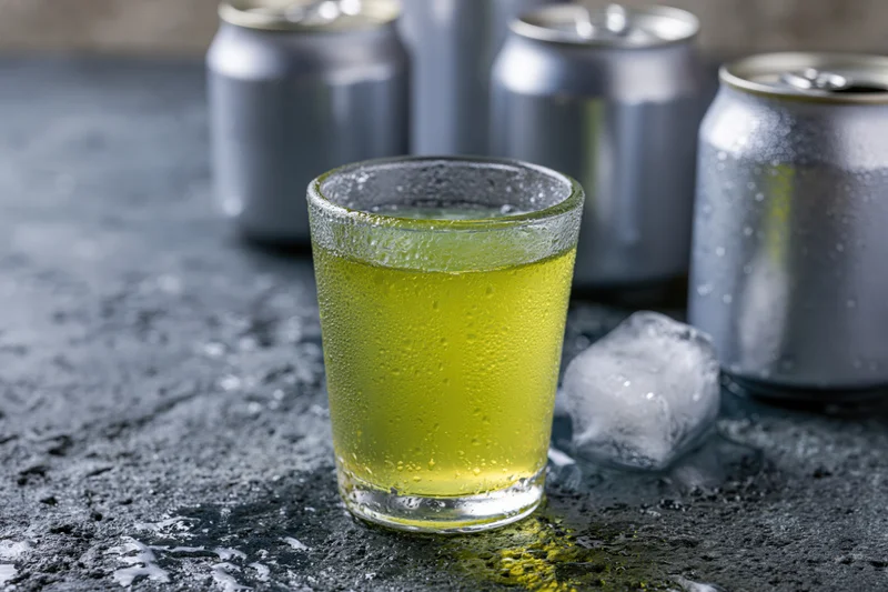 Shot glass filled with cold yellow-green energy drink on dark surface with aluminum cans and ice cube nearby