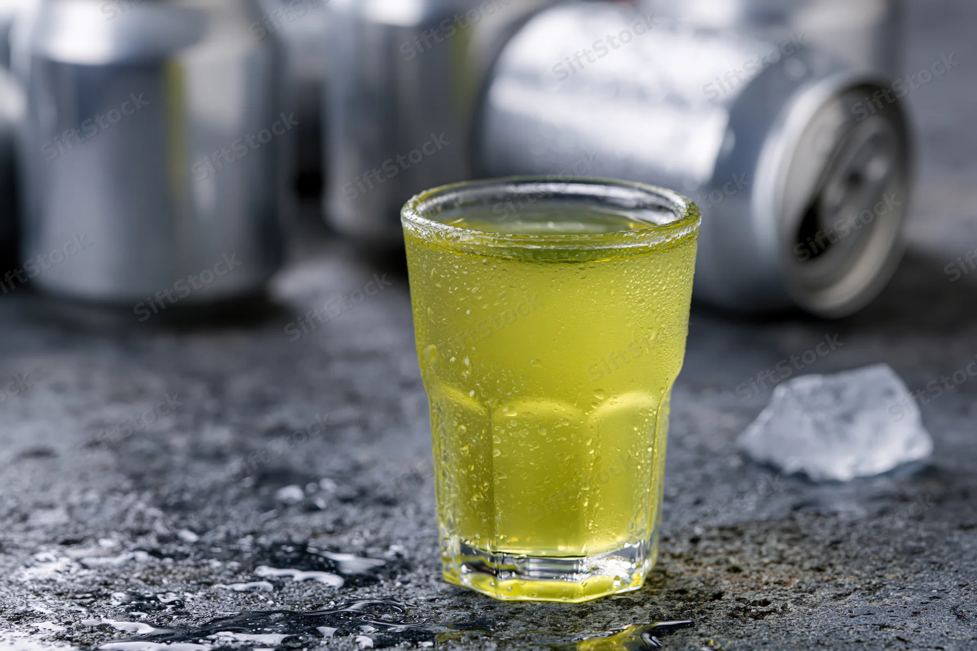 A shot glass filled with cold yellow-green energy drink on a wet dark surface with aluminum cans in the background
