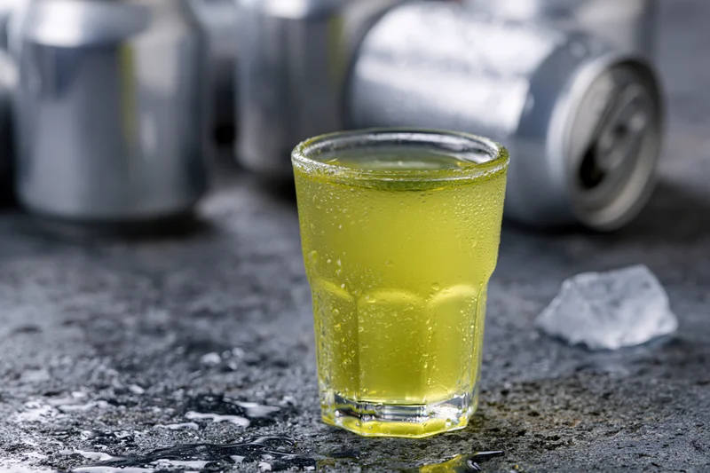 A shot glass filled with cold yellow-green energy drink on a wet dark surface with aluminum cans in the background