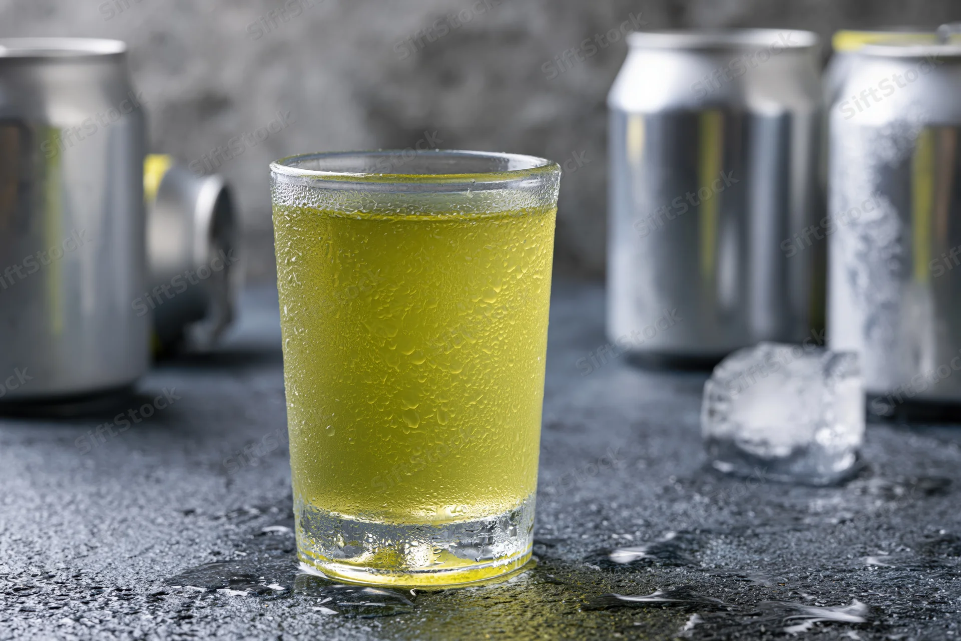Cold yellow-green energy drink in a glass with condensation on a dark surface surrounded by aluminum cans and ice cubes