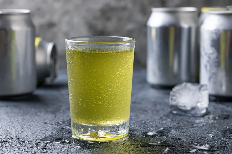 Cold yellow-green energy drink in a glass with condensation on a dark surface surrounded by aluminum cans and ice cubes