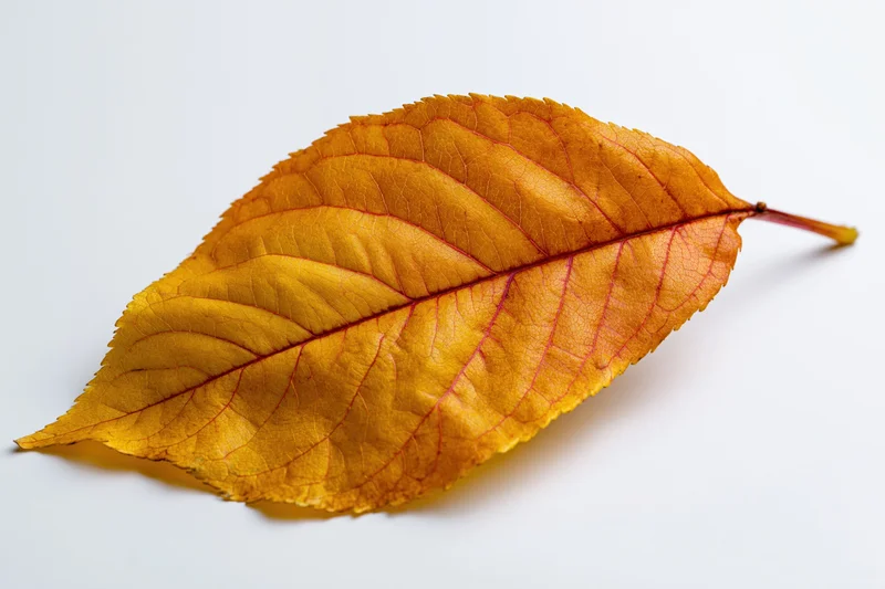 Single autumn leaf lying flat on white background with visible veins and color gradient