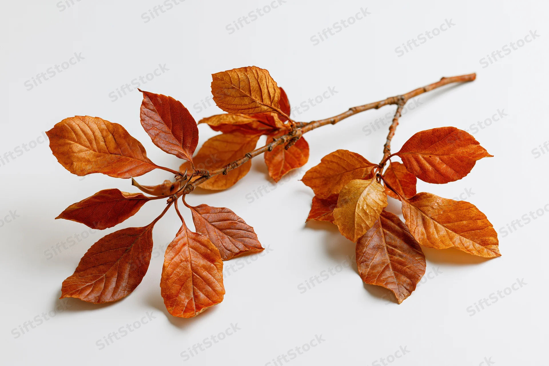 A single autumn tree branch with clusters of dry fallen leaves arranged on a white surface
