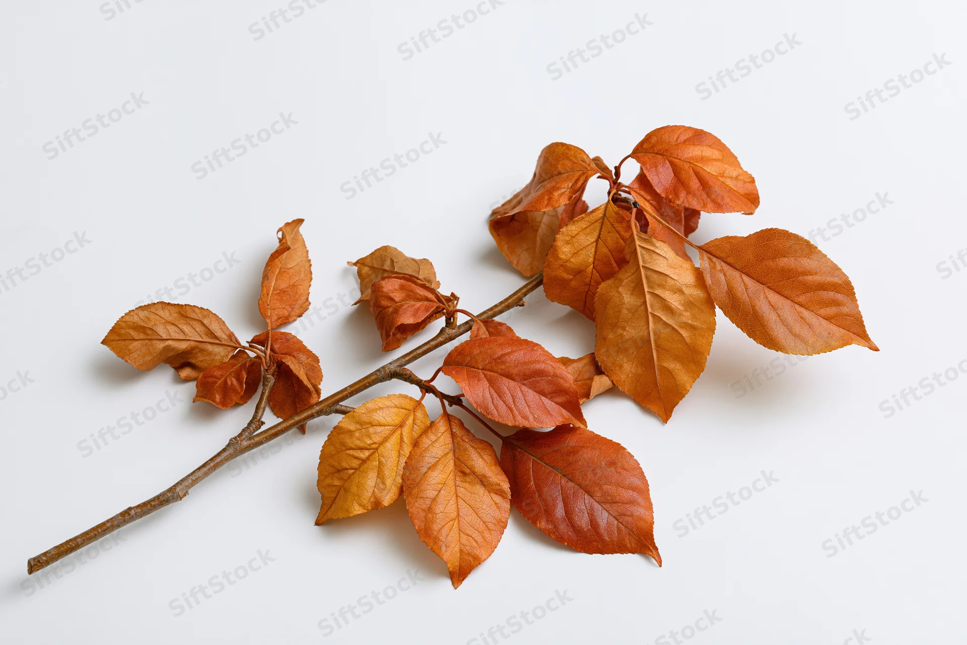 A single autumn branch with dry fallen leaves arranged on a white surface