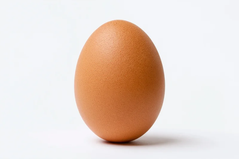 Single brown chicken egg standing upright centered on white background