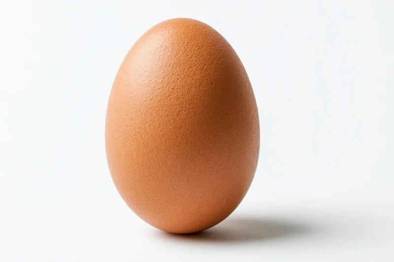 Single brown chicken egg standing upright centered on white background