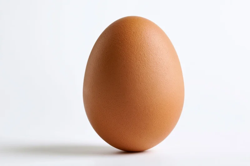 Single brown chicken egg standing upright centered on white background