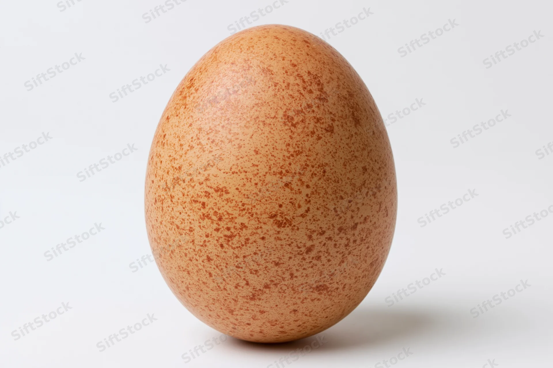 Single brown speckled chicken egg standing upright centered on white background