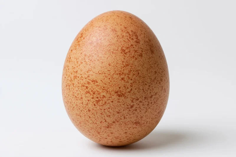 Single brown speckled chicken egg standing upright centered on white background