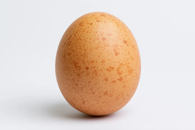 Single brown chicken egg standing upright centered against white background