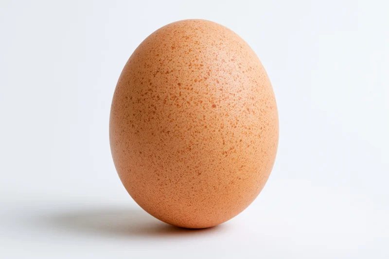Single brown chicken egg standing upright centered on white background