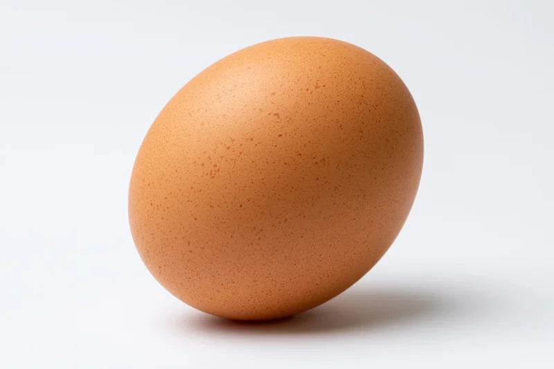 Single brown chicken egg standing upright on white background