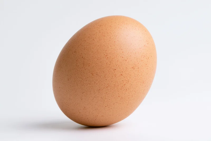 Single brown chicken egg standing upright on white background