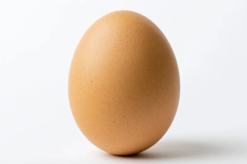 Single brown chicken egg standing upright on white background