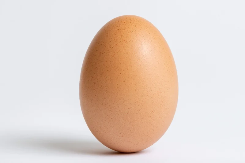 Single brown chicken egg standing upright on white background