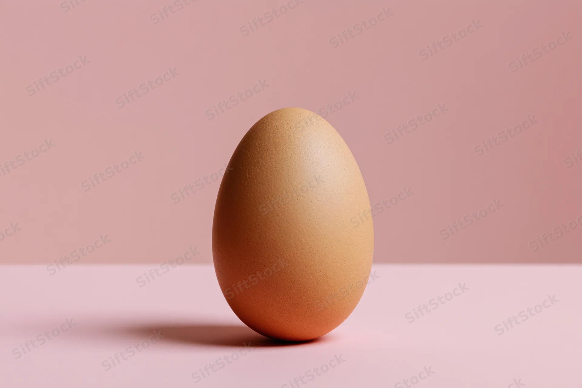 A single brown chicken egg standing upright on a flat pink surface