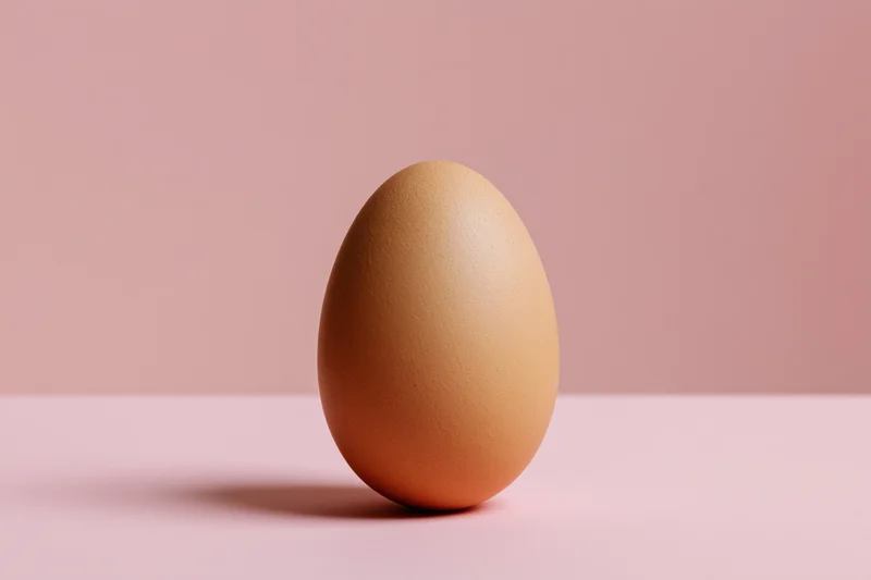 A single brown chicken egg standing upright on a flat pink surface