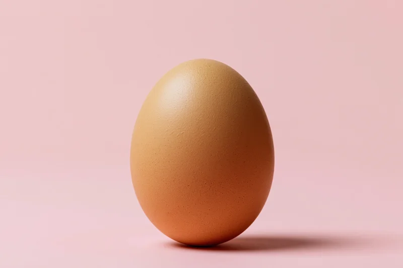 A single brown chicken egg standing upright on a flat pink surface