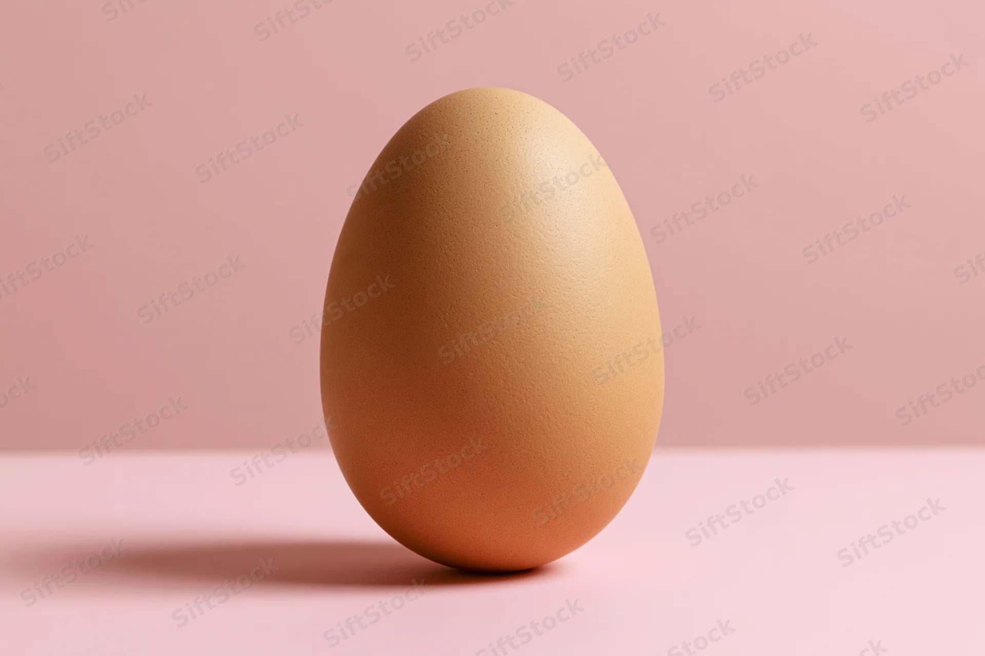 A single brown chicken egg standing upright on a flat pink surface