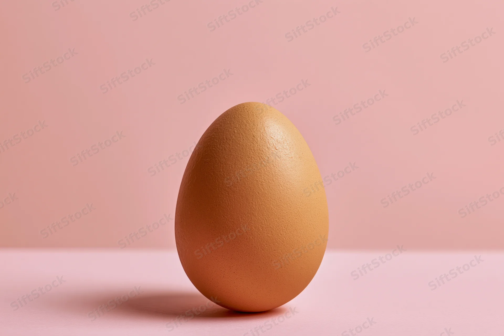 A single brown chicken egg standing upright on a flat pink surface
