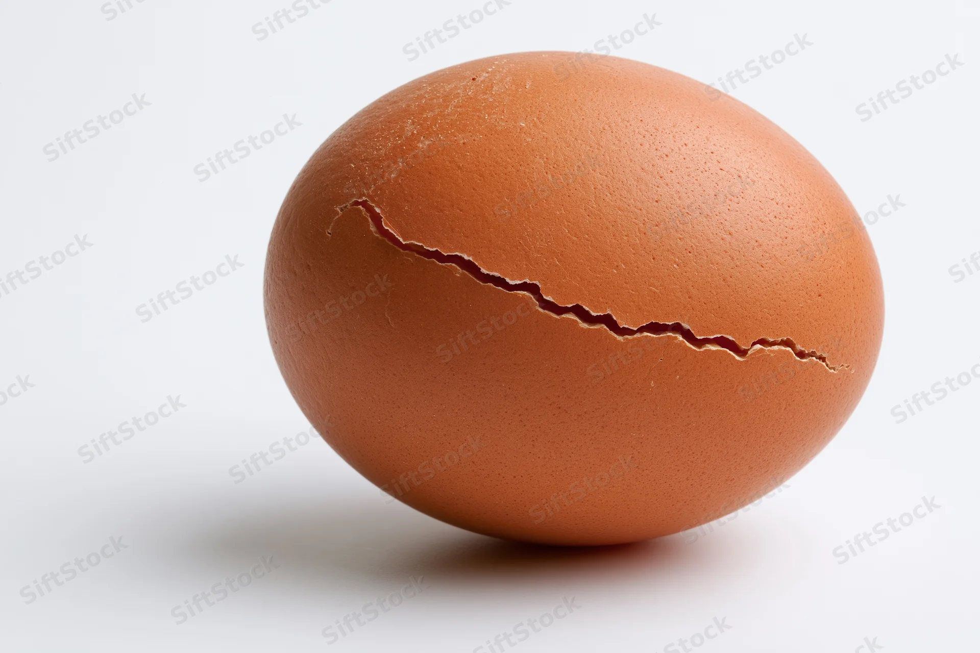 A single brown chicken egg with a jagged crack across its shell on a white background