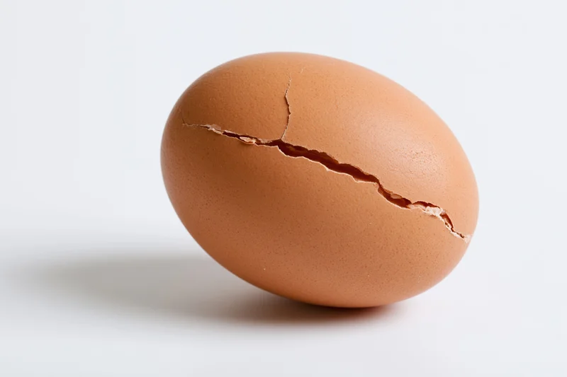 A single brown chicken egg with a jagged crack running across its shell, isolated on white