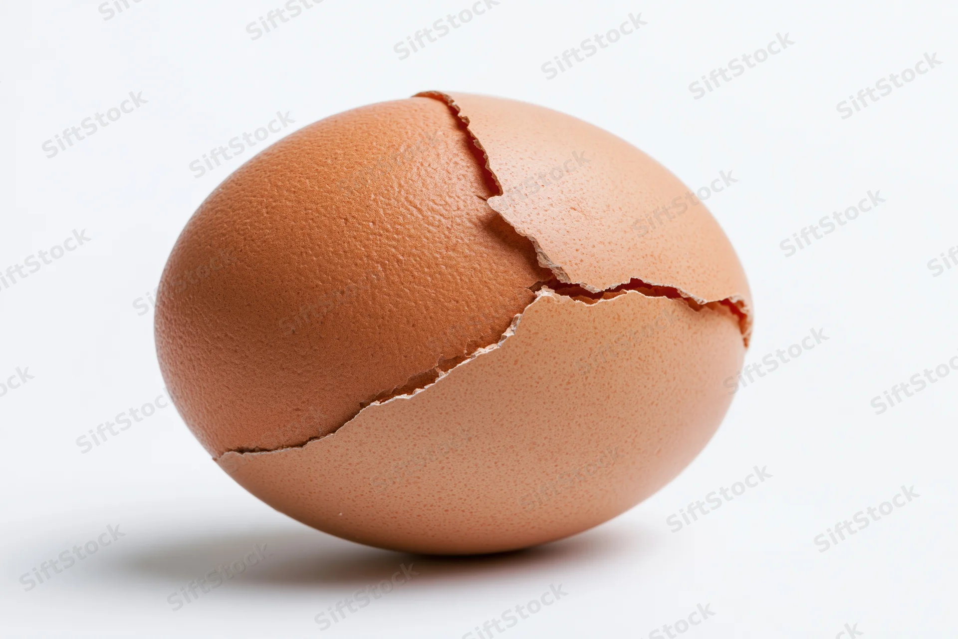 A single brown chicken egg with a jagged crack running across its shell, isolated on white