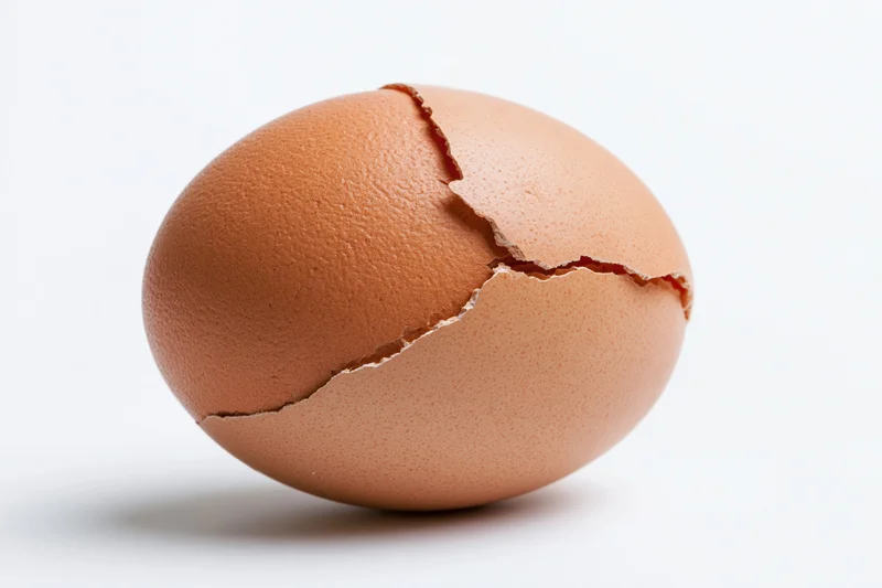 A single brown chicken egg with a jagged crack running across its shell, isolated on white