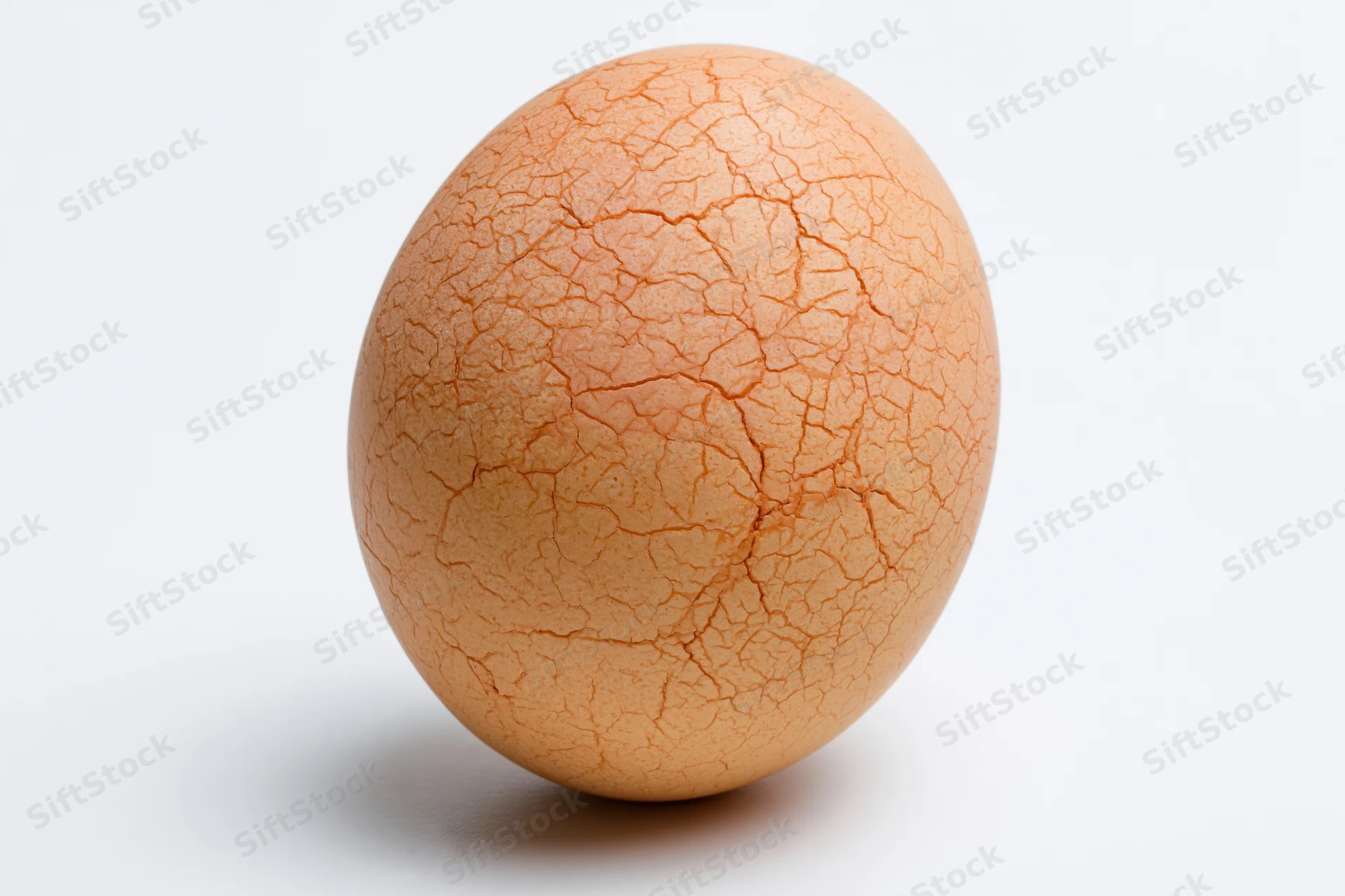 A single brown chicken egg with a network of fine hairline cracks on its shell, isolated on white
