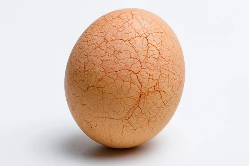 A single brown chicken egg with a network of fine hairline cracks on its shell, isolated on white
