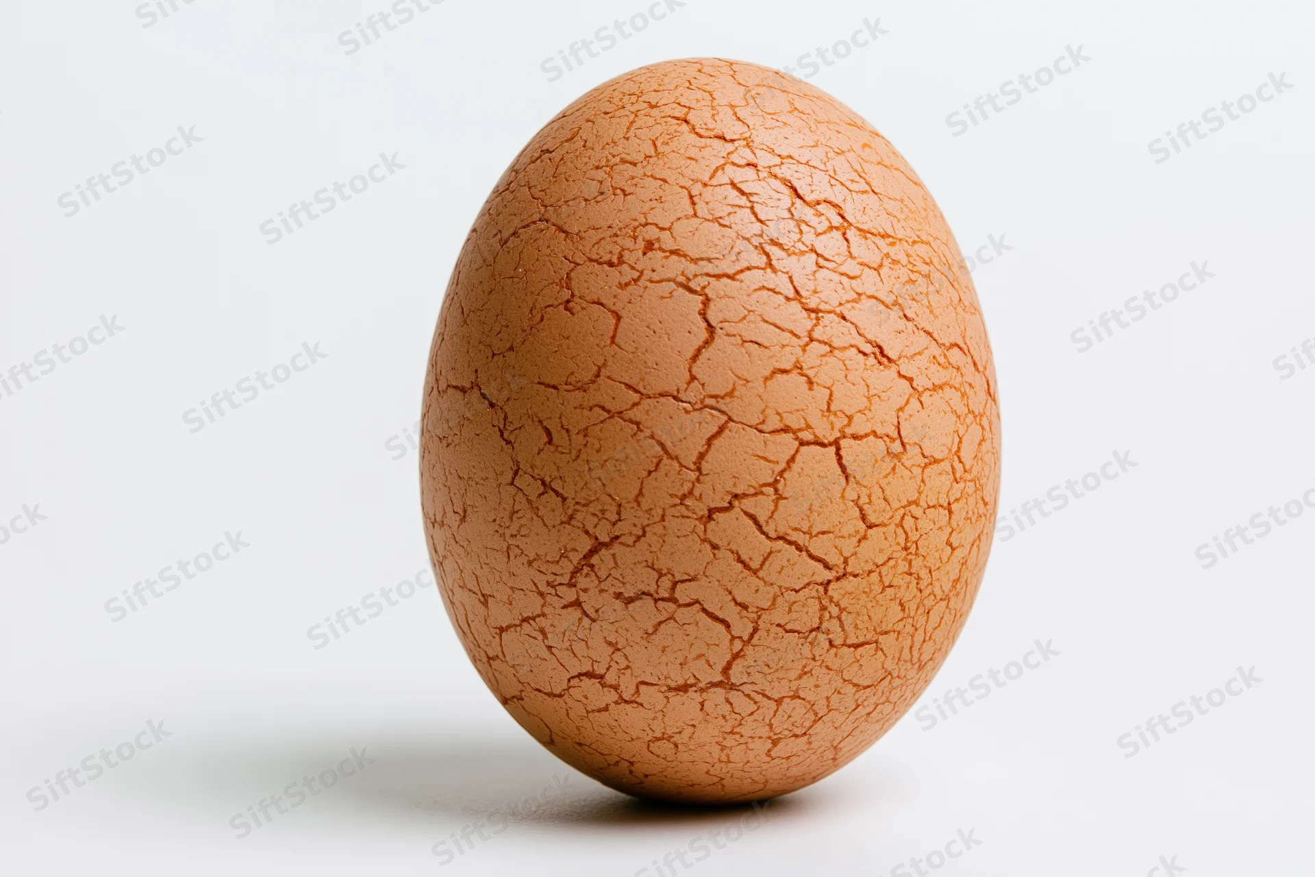 A single brown chicken egg with a network of fine hairline cracks on its shell, isolated on white