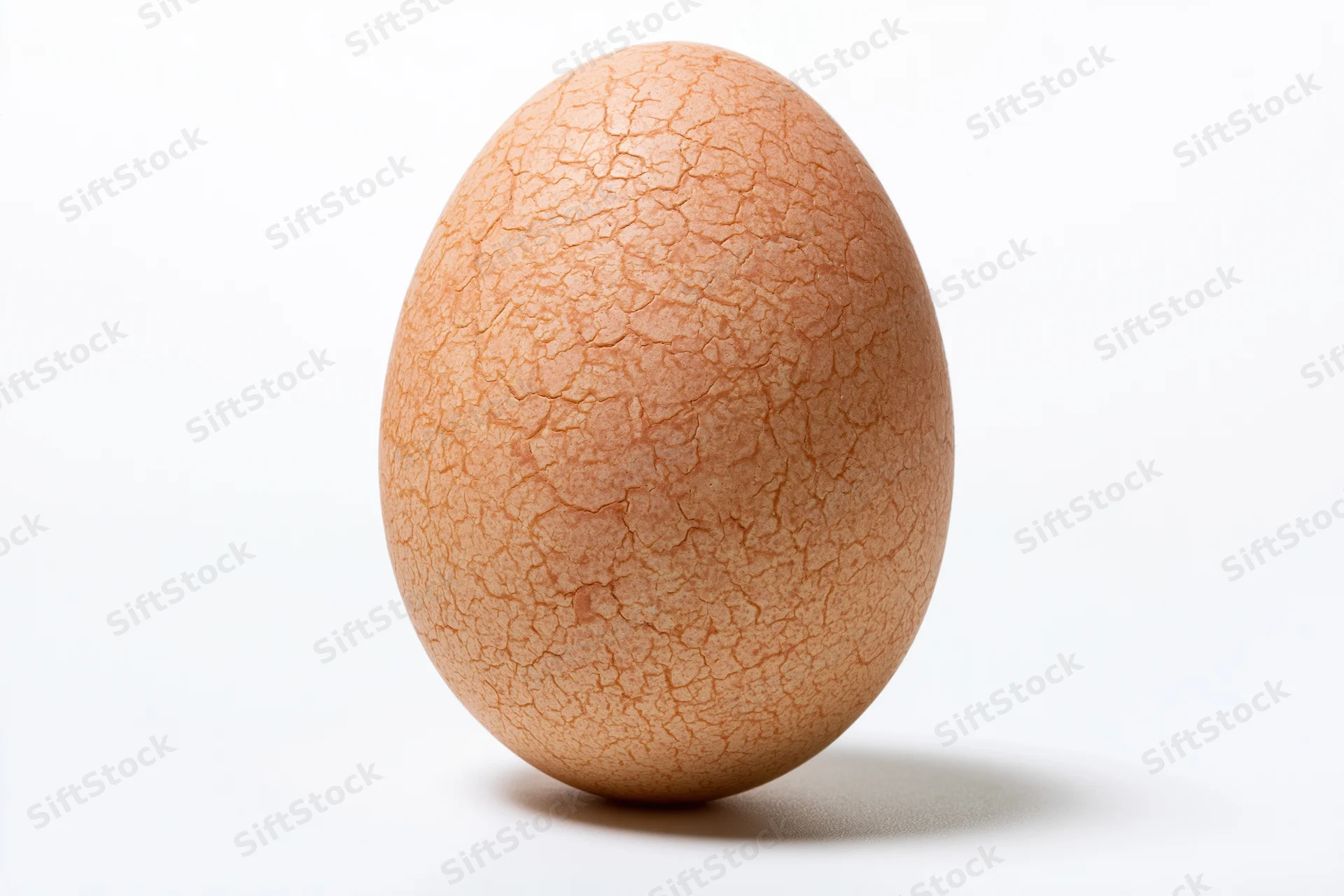 A single brown chicken egg with a network of fine hairline cracks on its shell, isolated on white