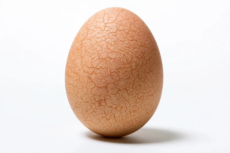 A single brown chicken egg with a network of fine hairline cracks on its shell, isolated on white