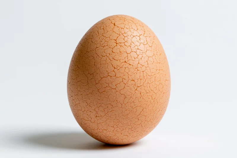 A single brown chicken egg with fine hairline cracks on its shell standing upright on a white surface