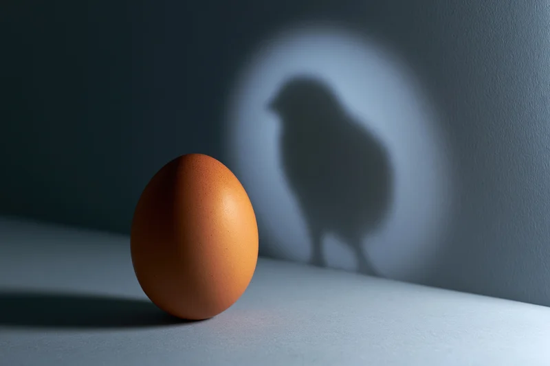 Brown egg standing upright on matte surface casting chicken shadow on wall