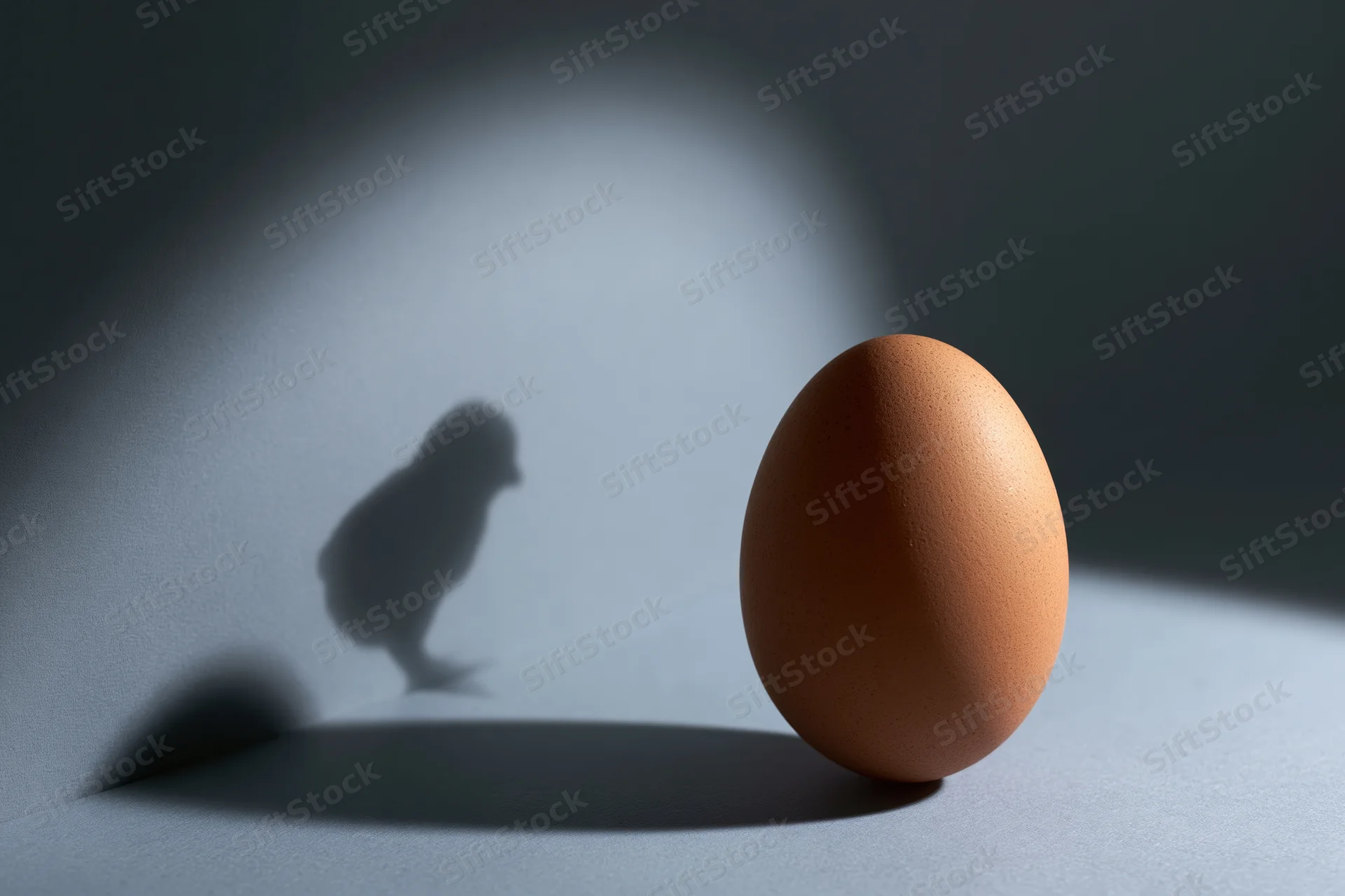Brown egg standing upright on matte surface casting shadow of chick