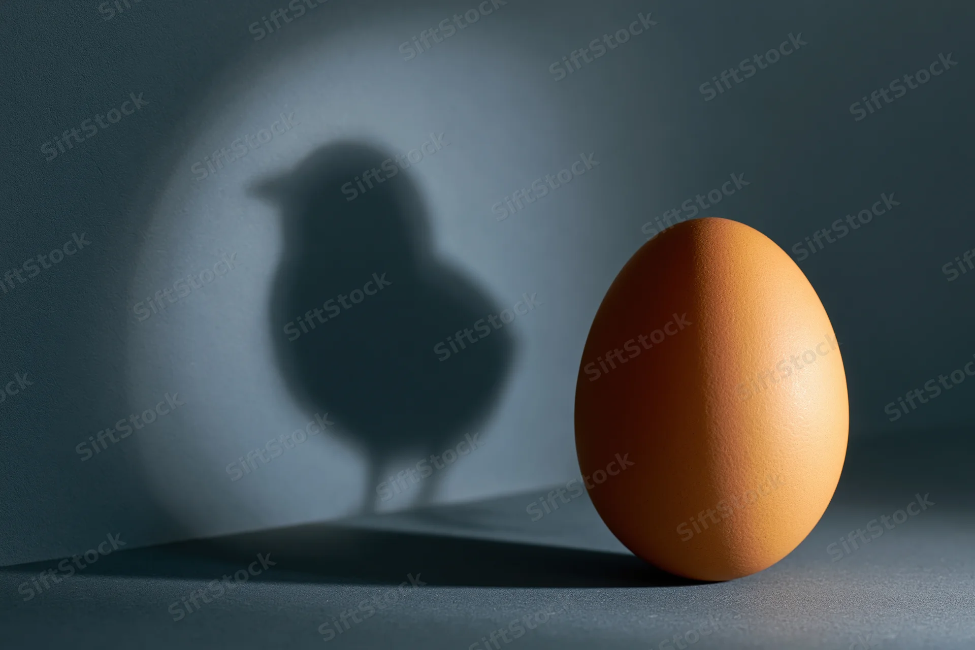 A brown egg standing upright on a matte surface casting a chick-shaped shadow