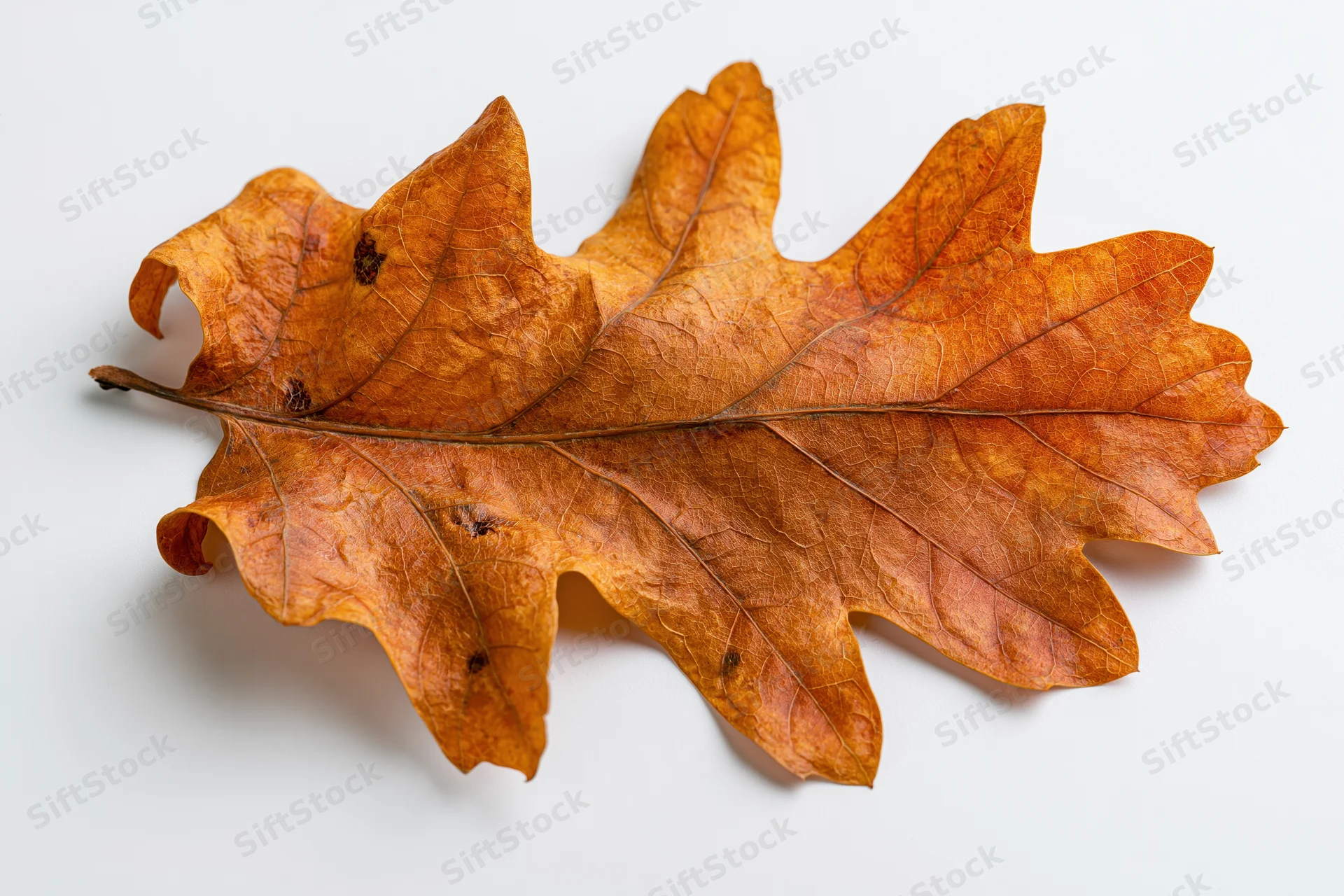 Dried oak leaf lying flat on white background