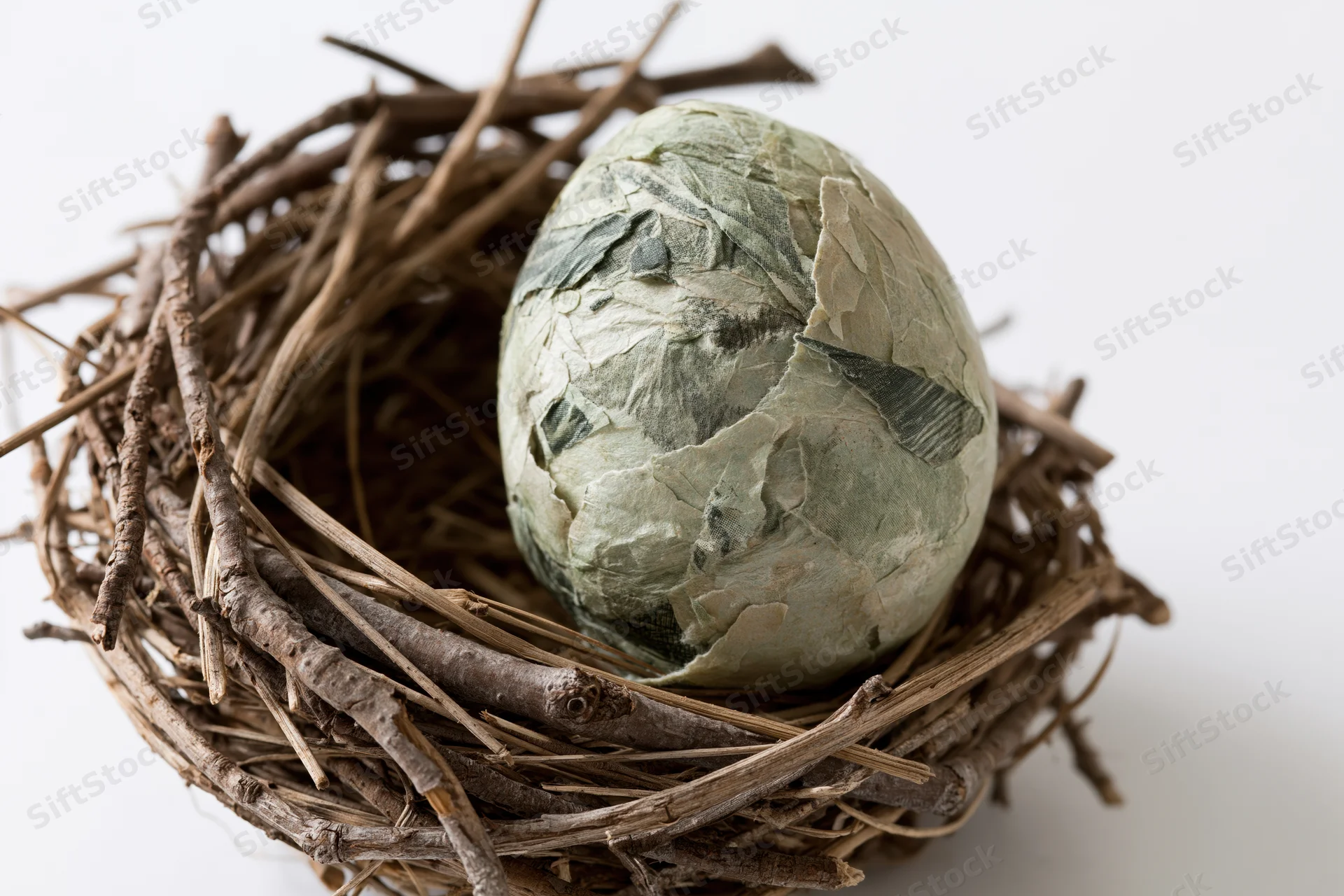 Egg wrapped in torn us dollar bill fragments sitting in a twig nest on white background