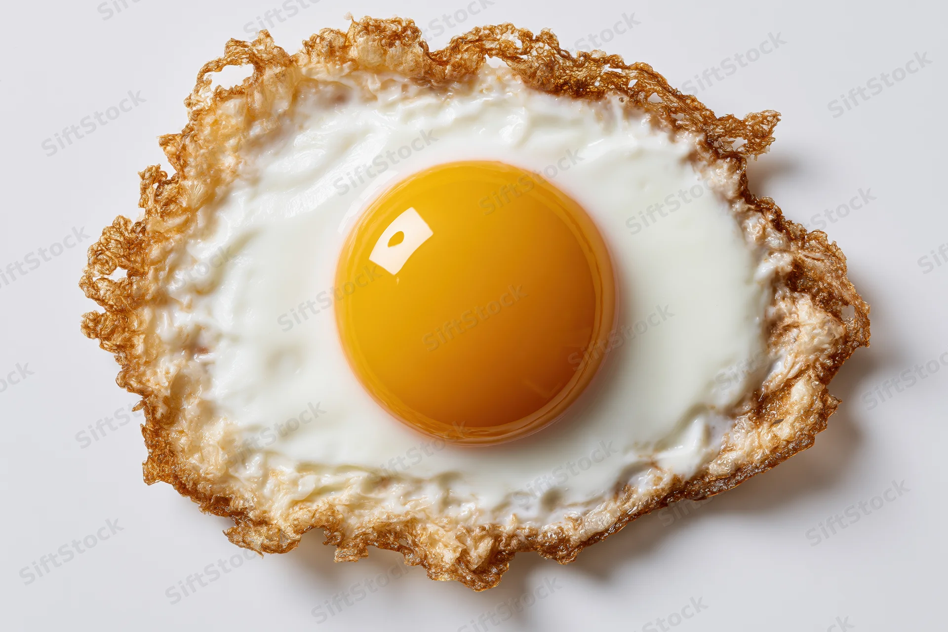 Fried egg with runny yolk and crispy edges shot from directly overhead on white background