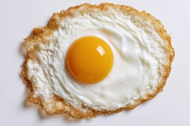 Single fried egg viewed from above on white background