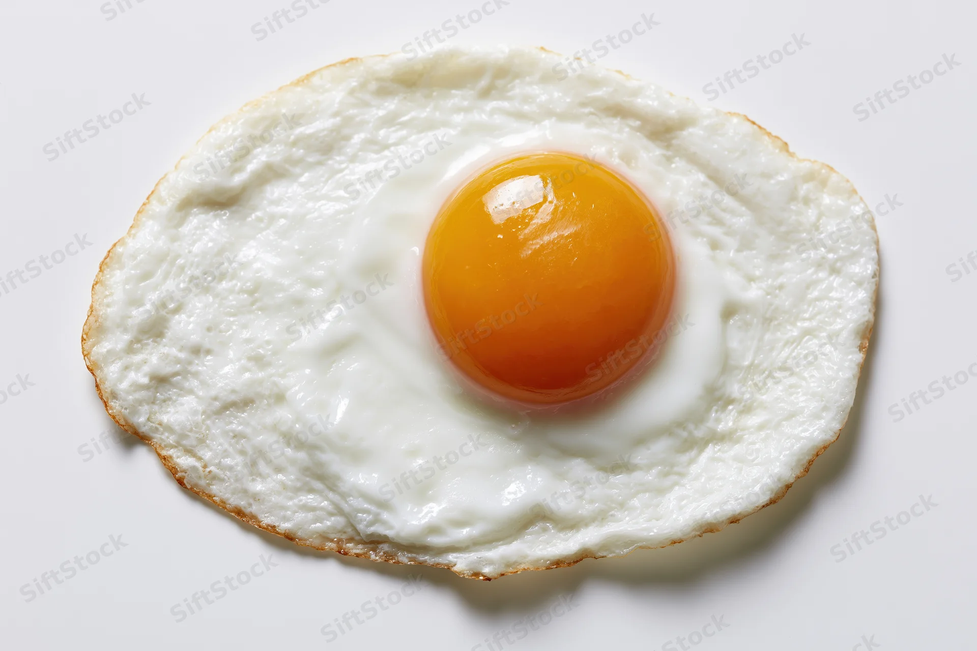 Single fried egg sunny side up resting flat on white surface