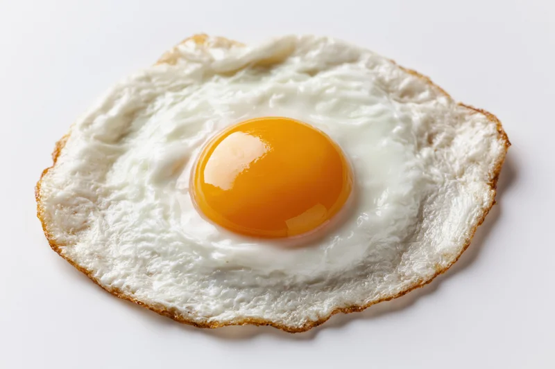 Single fried egg sunny side up resting flat on white surface