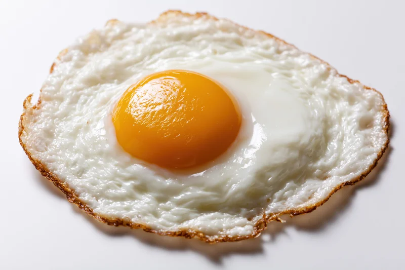 Single fried egg sunny side up on white background