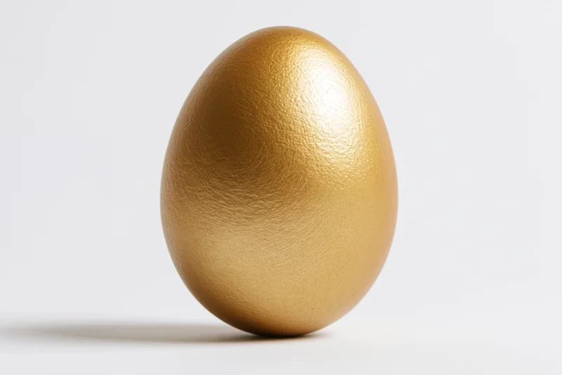 Single gold-painted egg standing upright centered against a white background
