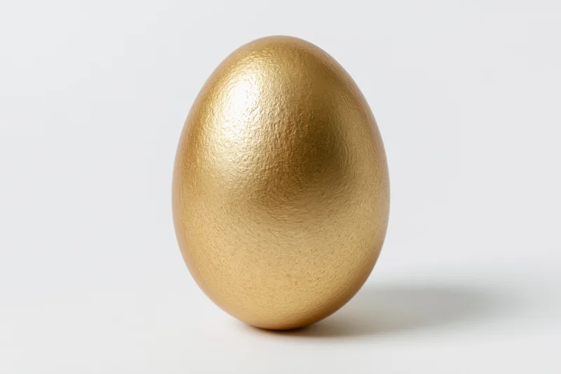 Single gold-painted egg standing upright centered against a white background