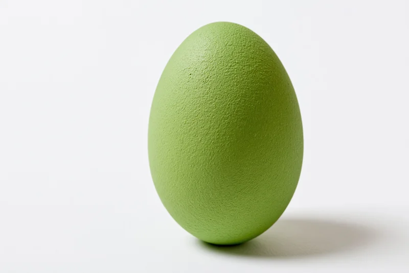 Single green-painted easter egg standing upright on white background
